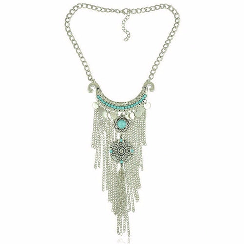 Bohemian Vintage Necklace Antique Silver Turquoise Jewelry Long Tassel Necklace Statement Necklace For Women SM6