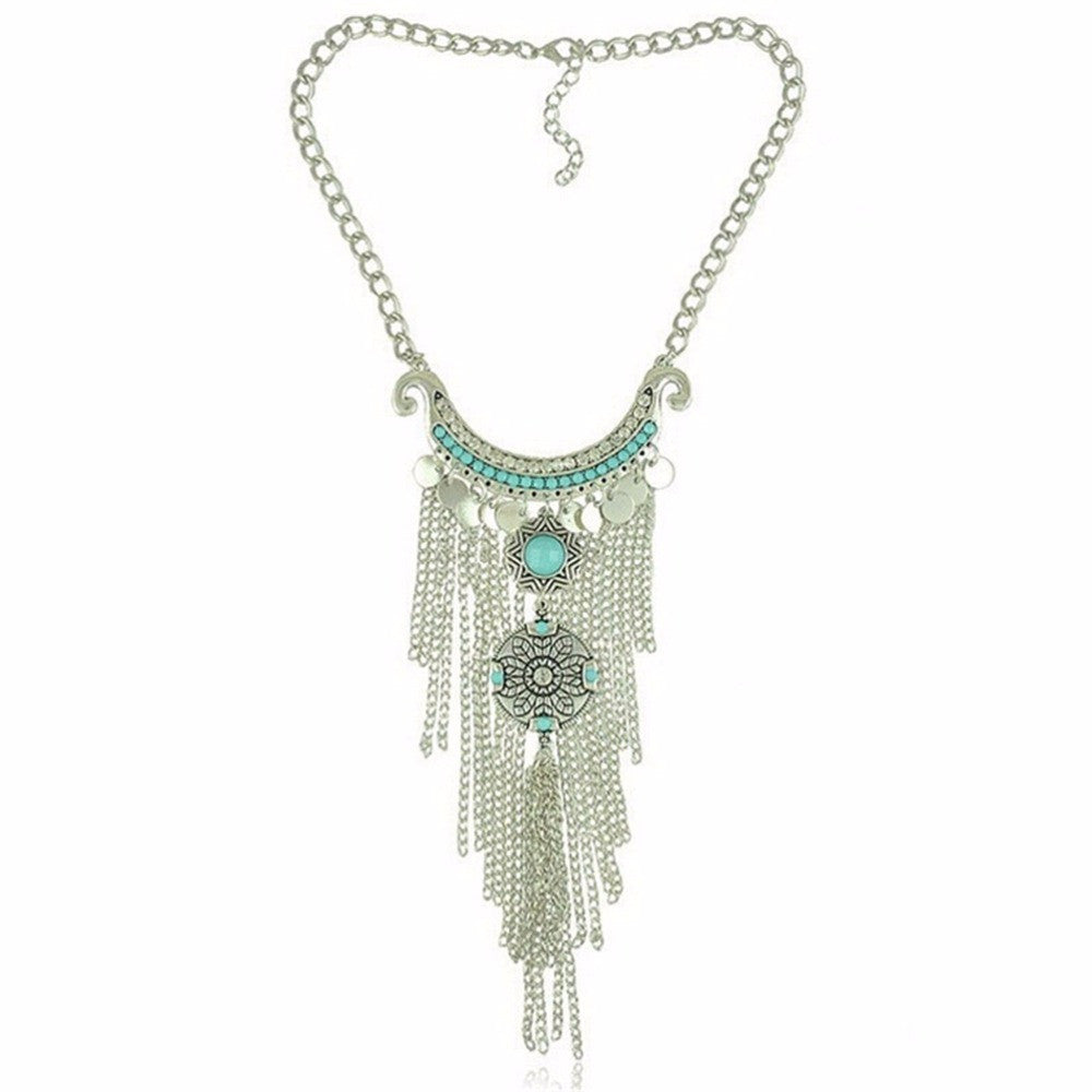Bohemian Vintage Necklace Antique Silver Turquoise Jewelry Long Tassel Necklace Statement Necklace For Women SM6
