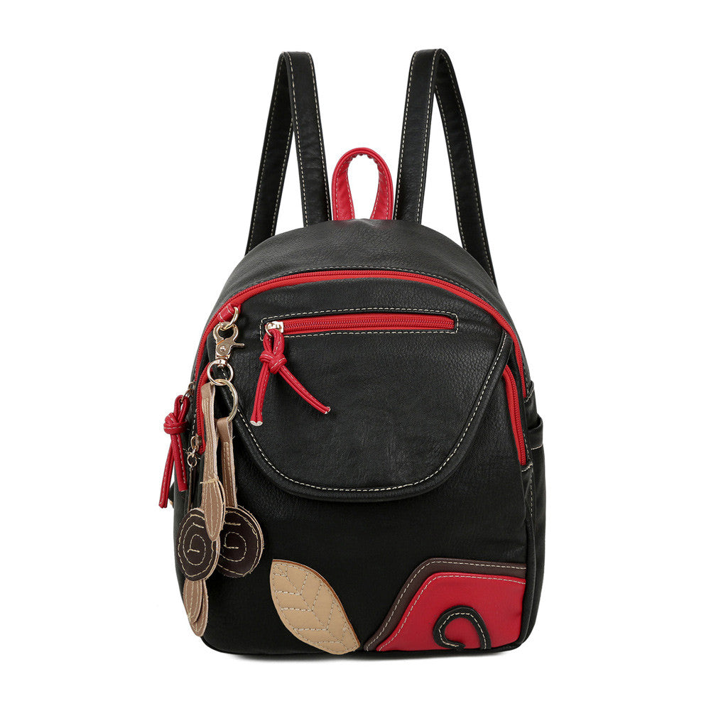 Harajuku Vintage Women Backpack PU Leather Leaf Applique Zipper Mini Schoolbag Casual Travel Bag Teenage Girls Black Rugzak SM6