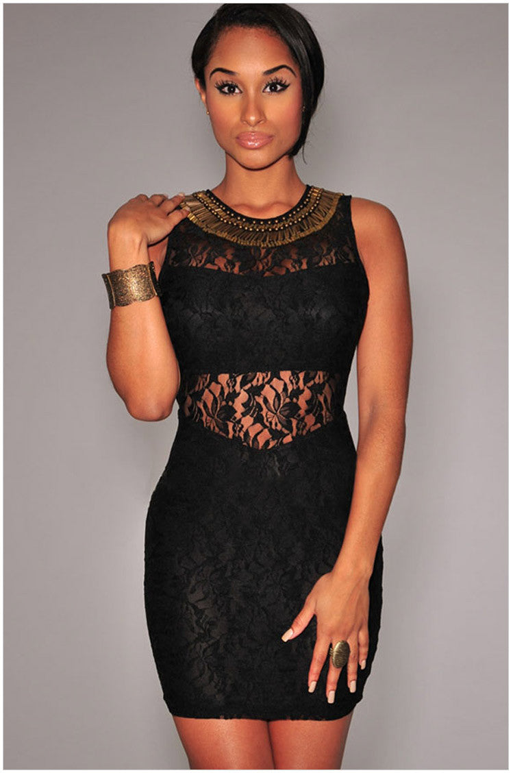 See Through Dress Mini Dress   Sleeveless Hollow Out Black Bodycon Sexy Floral Lace Dress Short SM6