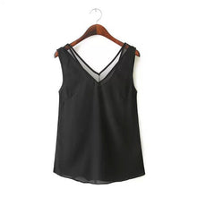 High Street Women's Tops Tanks Chiffon V Neck wtih Mesh Trim Sleeveless Solid Sexy Blouse Women Vest Blusa Feminina BlackWhite SM6