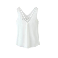 High Street Women's Tops Tanks Chiffon V Neck wtih Mesh Trim Sleeveless Solid Sexy Blouse Women Vest Blusa Feminina BlackWhite SM6