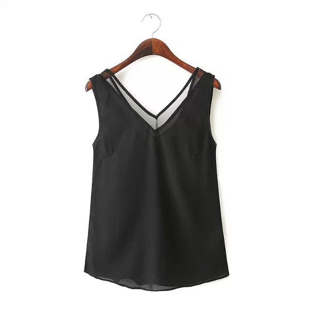 High Street Women's Tops Tanks Chiffon V Neck wtih Mesh Trim Sleeveless Solid Sexy Blouse Women Vest Blusa Feminina BlackWhite SM6