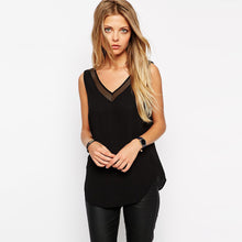 High Street Women's Tops Tanks Chiffon V Neck wtih Mesh Trim Sleeveless Solid Sexy Blouse Women Vest Blusa Feminina BlackWhite SM6