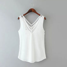 High Street Women's Tops Tanks Chiffon V Neck wtih Mesh Trim Sleeveless Solid Sexy Blouse Women Vest Blusa Feminina BlackWhite SM6