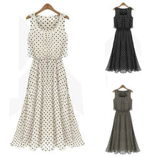 Boho Women Chiffon Sleeveless Pleated Long Maxi Dress Polka Dot Dresses Sundress SM6