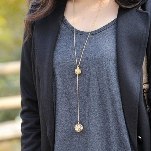 Classic Crystal Hollow Out Two Ball Rhinestone a Long Section of High Texture Flash Spher 18K Gold Plated Necklace SM6