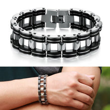 Men Silver Stainless Steel Bracelets Black Rubber Motorcycle Biker Chain Link BraceletSM6