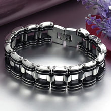 Men Silver Stainless Steel Bracelets Black Rubber Motorcycle Biker Chain Link BraceletSM6