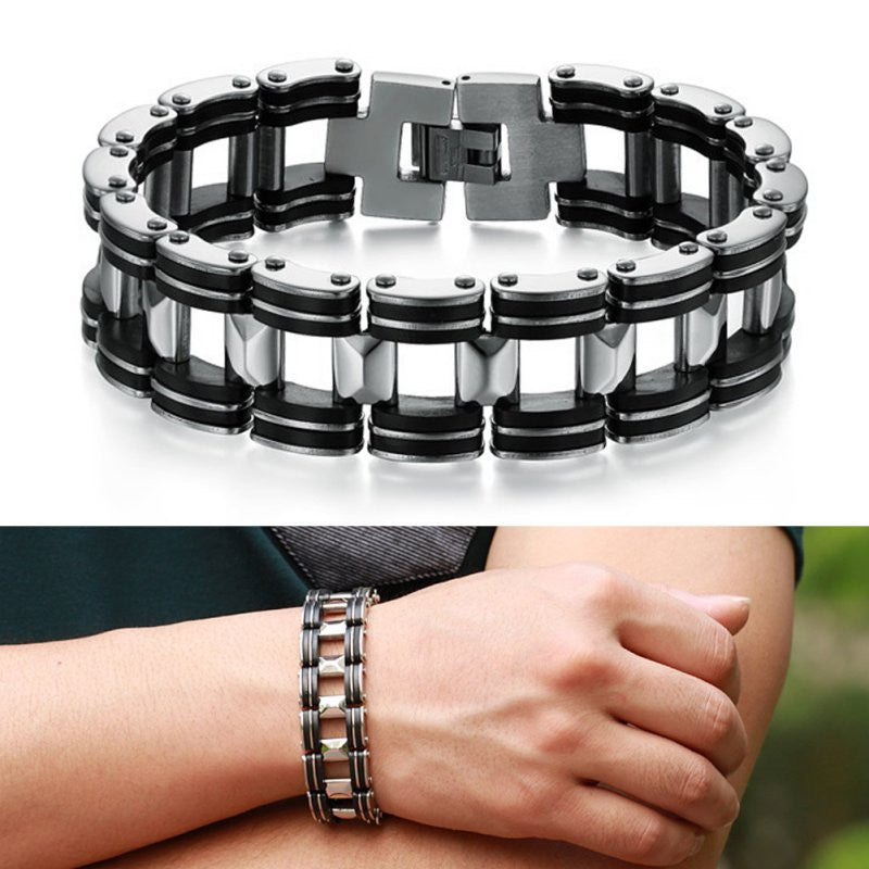 Men Silver Stainless Steel Bracelets Black Rubber Motorcycle Biker Chain Link BraceletSM6