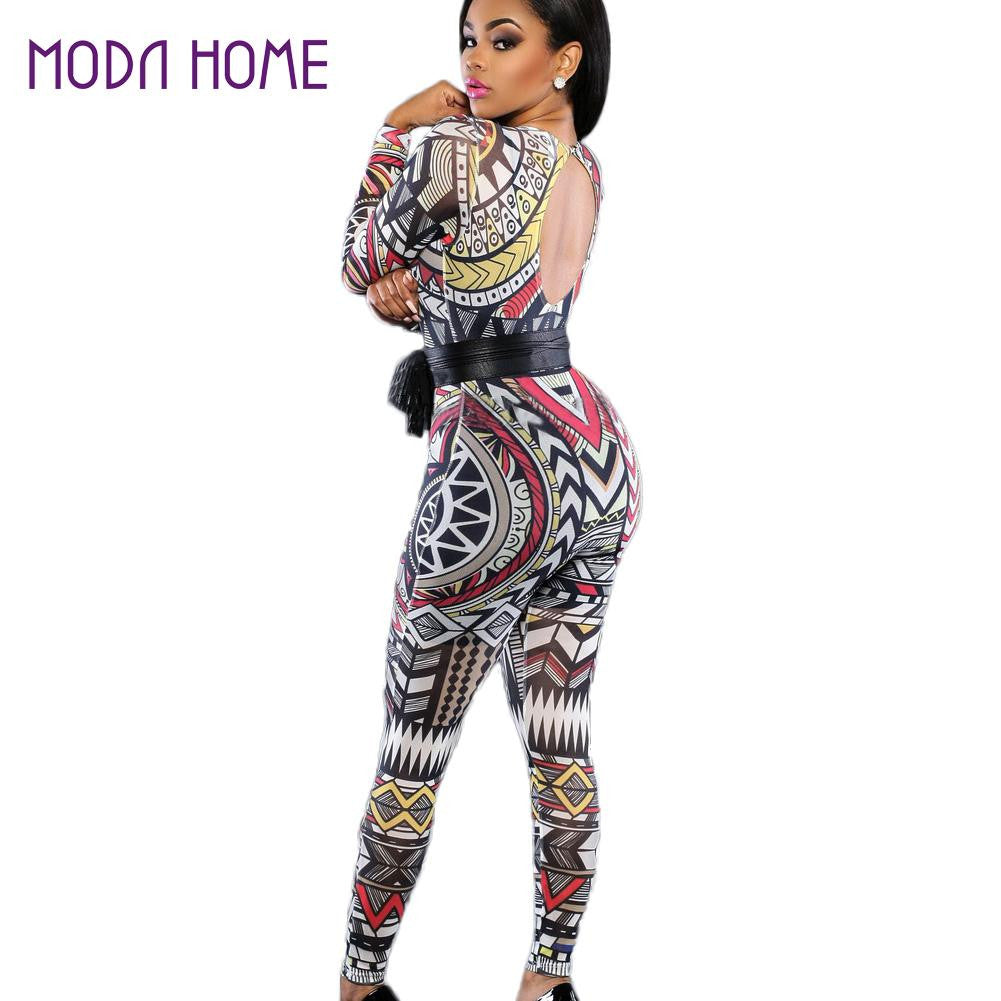 Sexy Women Sheer Mesh Jumpsuit Colorful Tattoo Print See-Through Backless Playsuit Strap Back Elastic Bodysuit Red SM6