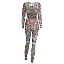Sexy Women Sheer Mesh Jumpsuit Colorful Tattoo Print See-Through Backless Playsuit Strap Back Elastic Bodysuit Red SM6