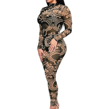 Sexy Women Sheer Mesh Jumpsuit Vintage Tattoo Print Playsuit See-Through Turtle Neck Zip Back Elastic Bodysuit Dark Green XL SM6