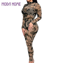 Sexy Women Sheer Mesh Jumpsuit Vintage Tattoo Print Playsuit See-Through Turtle Neck Zip Back Elastic Bodysuit Dark Green XL SM6