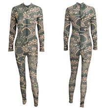 Sexy Women Sheer Mesh Jumpsuit Vintage Tattoo Print Playsuit See-Through Turtle Neck Zip Back Elastic Bodysuit Dark Green XL SM6