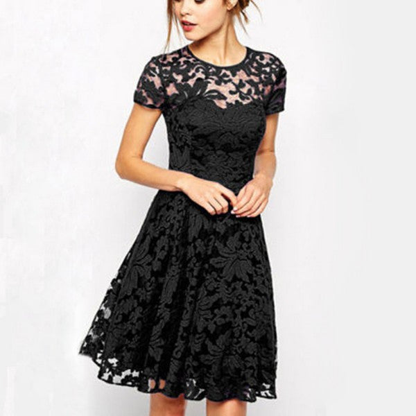 Women Floral Lace Dress Short Sleeve Party Casual Color Blue Red Black Mini Dresses Vestidos SM6