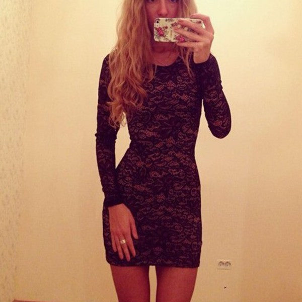 Women Sexy Slim Bodycon Lace Floral Mini Dress Long Sleeve Club Party DressesSM6