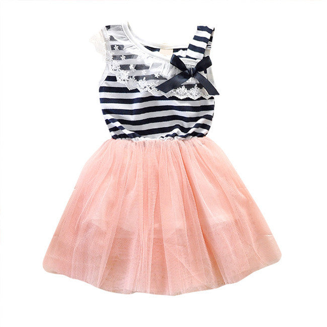 Kids Baby Girls Stripe Lace Tutu Dress Brace Bowknot Ruffle Tulle Baby One-piece Dresses 2-6Years SM6