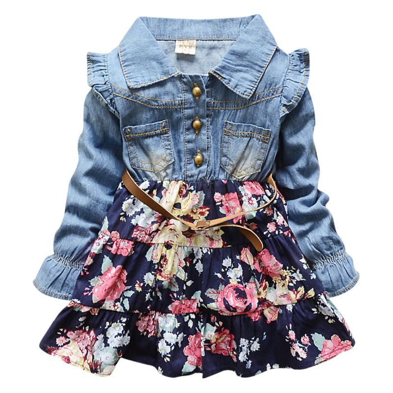 Kids Girl Long Sleeve Jeans Flower Dresses Demin Tutu Dress One-piece Y2 SM6