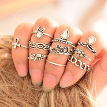 Knuckle Ring Tribal Ethic Hippe Stone Joint Finger Ring Ring Set for Women Moon Flower Elephant Pattern 10pcs Punk Style SM6