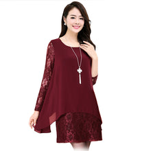 L-5XL Women Large Size Chiffon Lace Dress Irregular Long Sleeve Mini Double Layer Dress Elegant Loose Party Dress BlackBurgundy SM6