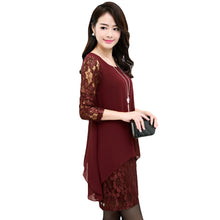 L-5XL Women Large Size Chiffon Lace Dress Irregular Long Sleeve Mini Double Layer Dress Elegant Loose Party Dress BlackBurgundy SM6