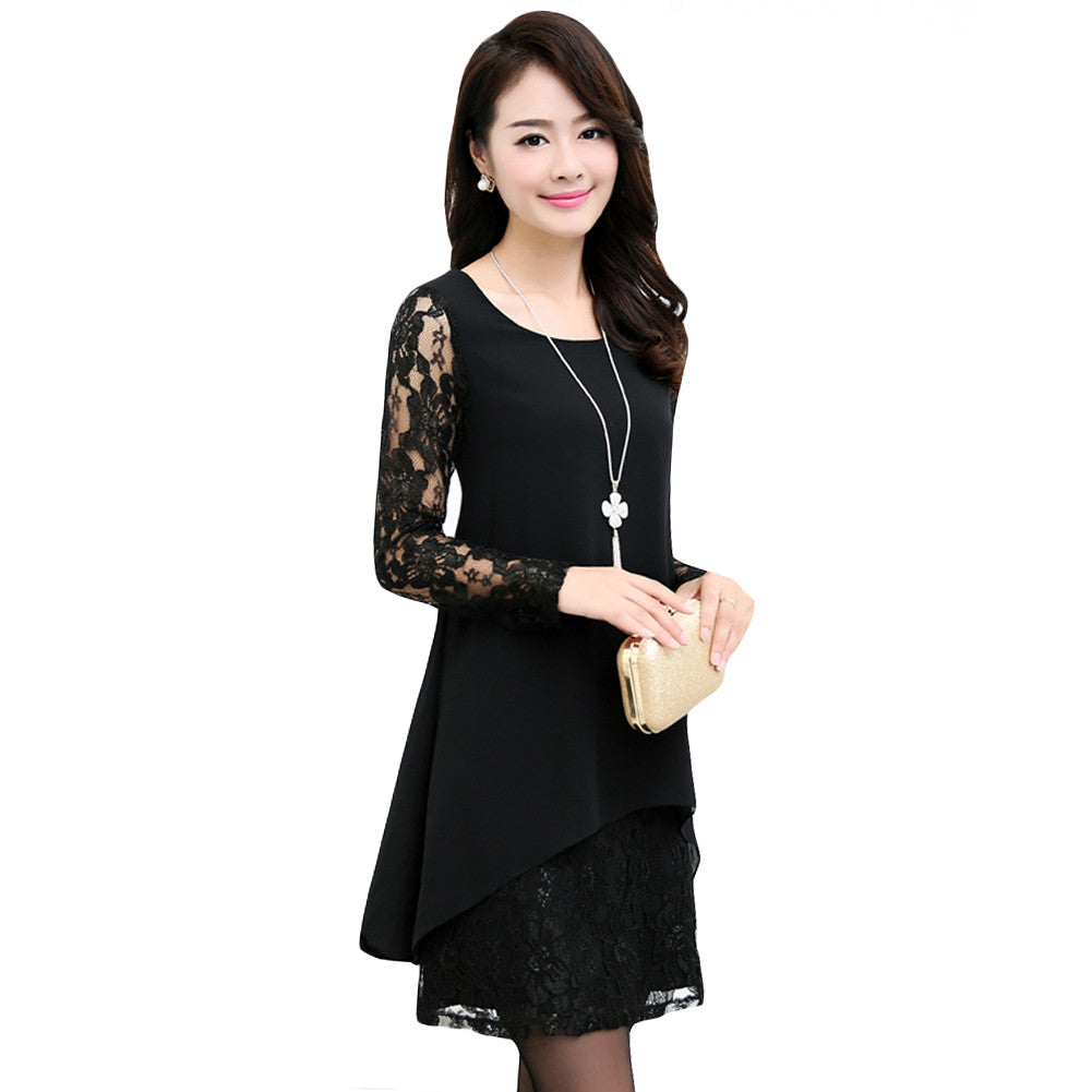 L-5XL Women Large Size Chiffon Lace Dress Irregular Long Sleeve Mini Double Layer Dress Elegant Loose Party Dress BlackBurgundy SM6
