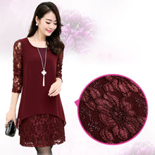L-5XL Women Large Size Chiffon Lace Dress Irregular Long Sleeve Mini Double Layer Dress Elegant Loose Party Dress BlackBurgundy SM6