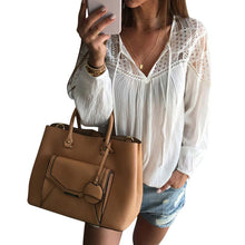 Lace Chiffon Tops Women Long Sleeve Shirt Blusa Feminina Shirt Shirt Tops Casual Solid V Neck  SM6