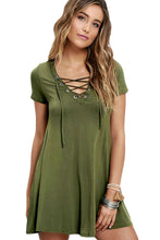Lace-Up Neck Swing  Dress Casual With Short Sleeves For T Shirt Dress Short V-Neck Skater Mini Dress 22671 SM6