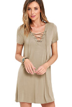 Lace-Up Neck Swing  Dress Casual With Short Sleeves For T Shirt Dress Short V-Neck Skater Mini Dress 22671 SM6
