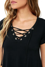 Lace-Up Neck Swing  Dress Casual With Short Sleeves For T Shirt Dress Short V-Neck Skater Mini Dress 22671 SM6