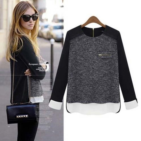Lady Solid Chiffon Splicing Knit Sweater Women Long Sleeves Blouse Pullover Tops SM6