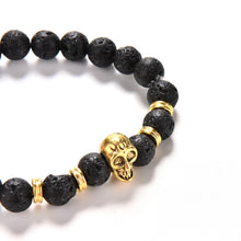 Lava Rock 8mm Bead Bracelet  Natural Stone Golden Skull Men's Beaded Bracelet SM6