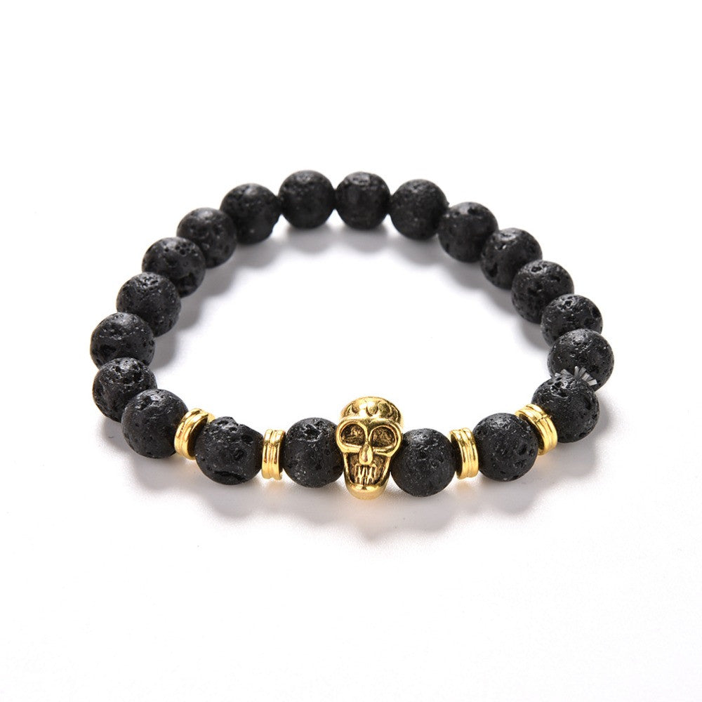 Lava Rock 8mm Bead Bracelet  Natural Stone Golden Skull Men's Beaded Bracelet SM6