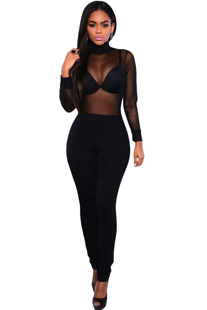 Long Sleeve Backless Bodycon Jumpsuit Long Pants Sexy Black Club Mesh Jumpsuit Turtleneck Sexy Romper For Overalls SM6