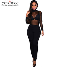 Long Sleeve Backless Bodycon Jumpsuit Long Pants Sexy Black Club Mesh Jumpsuit Turtleneck Sexy Romper For Overalls SM6
