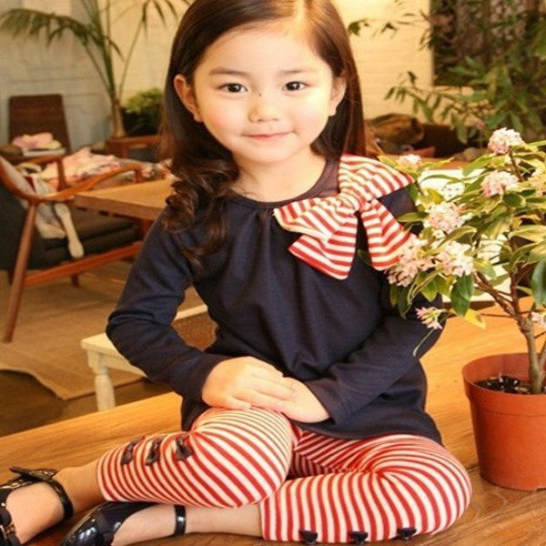 Lovely Girls Clothing Sets Long Sleeve Shirts Bow Striped Leggings Pajama Suit Sets 3-8 Y SM6