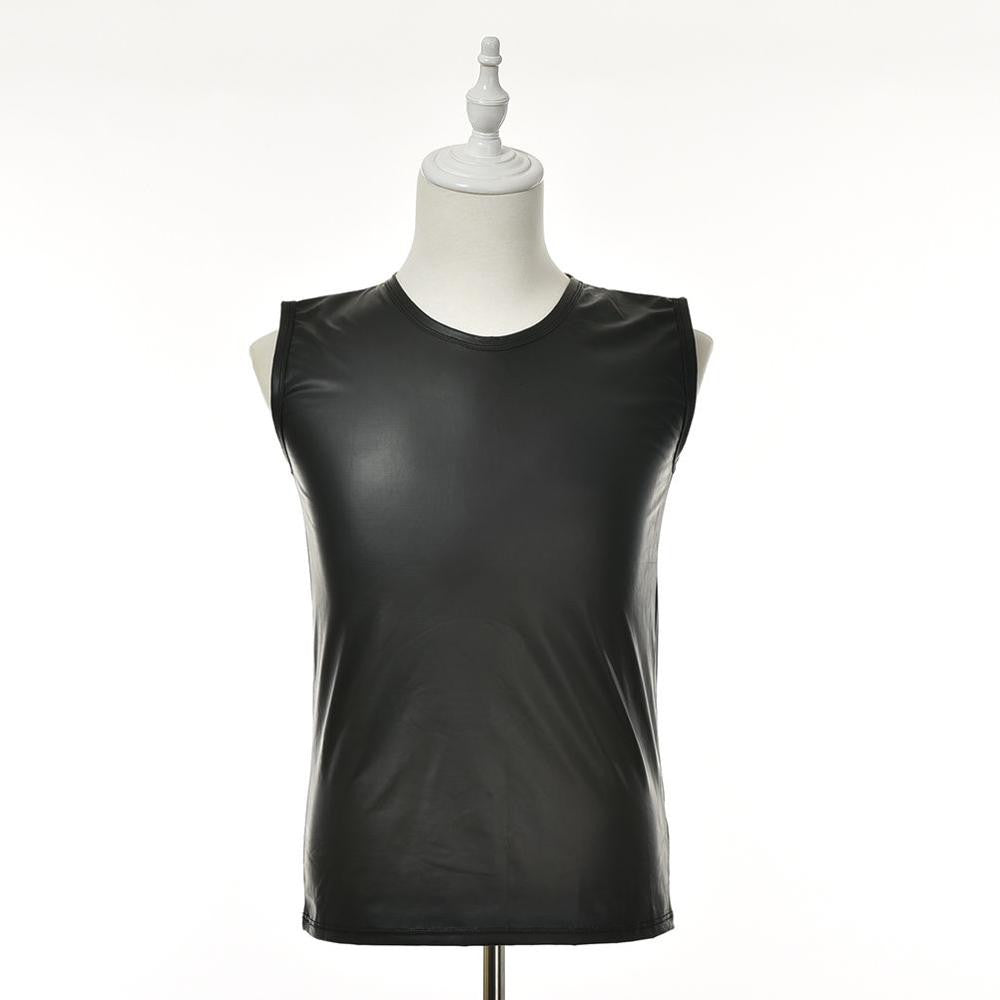 M L XL PU Leather O-neck Men Tank Tops Sexy Sleeveless Shirts Men Imitatiion Faux Leather Vest SM6