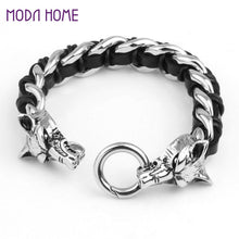 Men's Wolf Head Bracelet Hand-woven Cow Leather 316L Titanium Steel Polished al Ornaments Punk Rock SM6