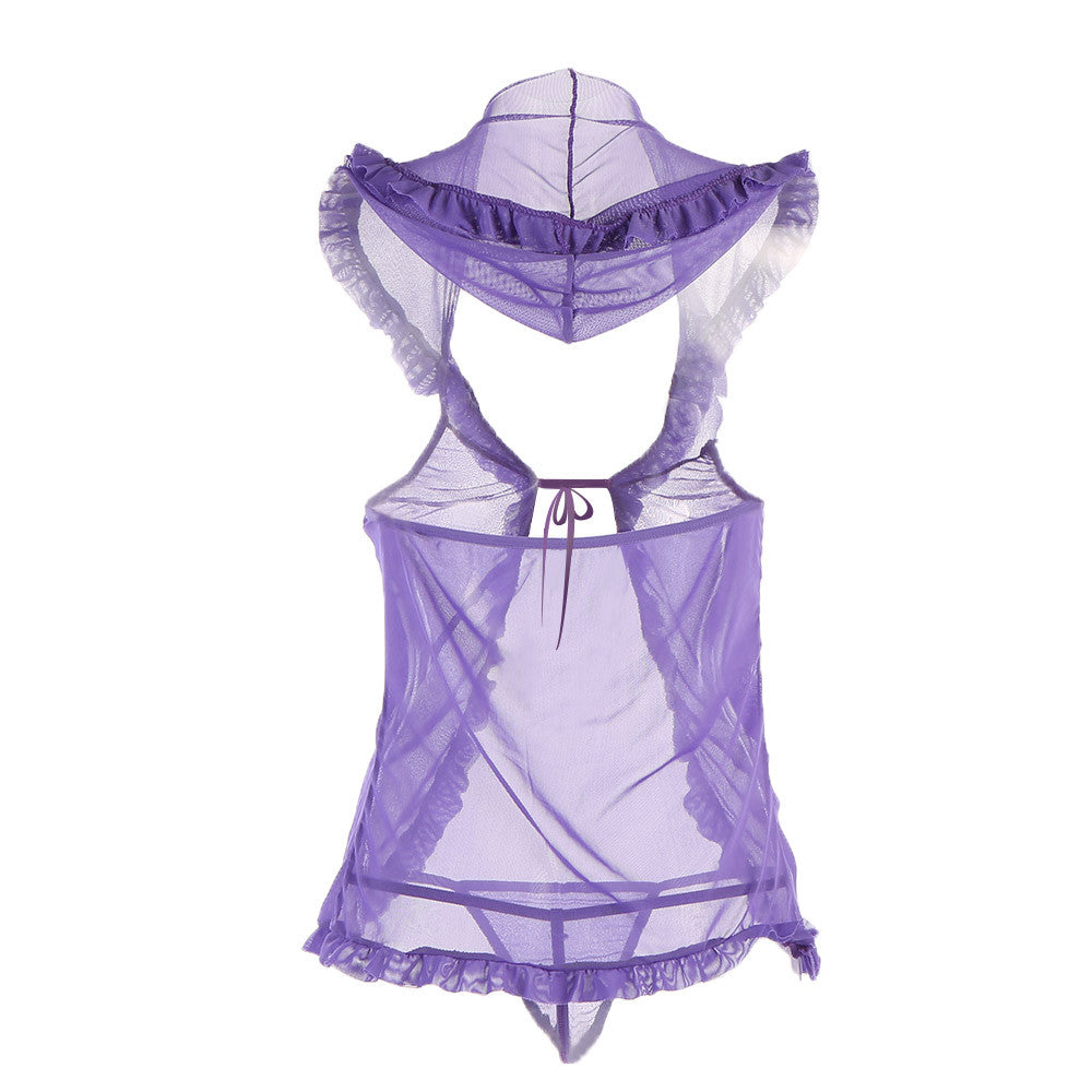 Moobody Women Sexy Hooded Nighty See-through Open Front Nightwear G-string Lingerie Erotic Transparent Underwear Cropped Bikinis SM6