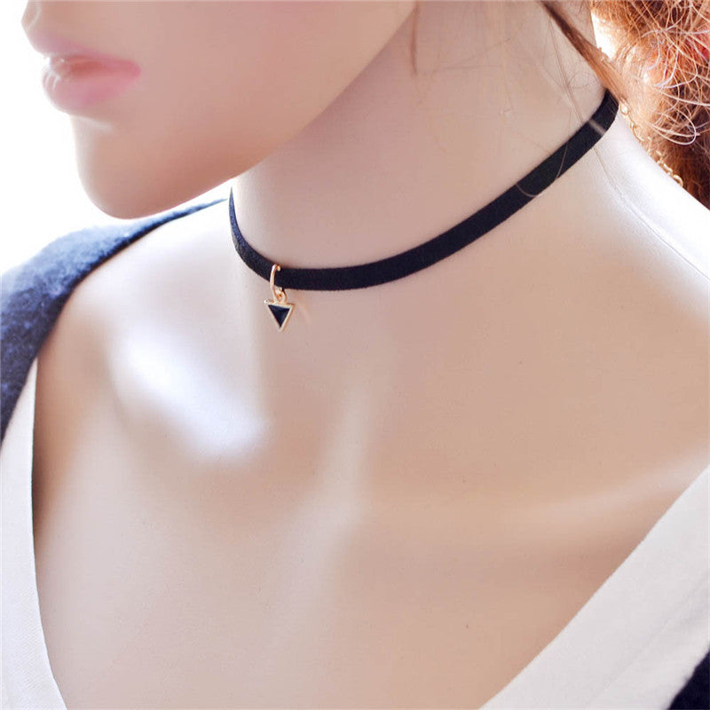 Black Leather Choker Necklace Wrap Gold Color Triangle Necklace For Women SM6