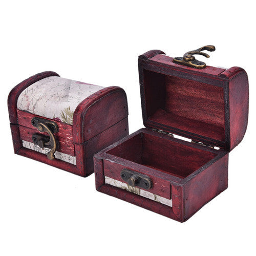 Chic Vintage Metal Lock Mini Stamp Jewelry Treasure Chest Case Wooden Box  SM6