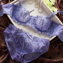 New Fashion Transparent Sexy Bra and Panty Set Plus size Women Lace Ultra-thin Blue Underwear Sets 32-38B SM6