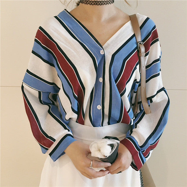 New  Fashion Korean style Summer Elegant Striped Blouse V-Neck Button Shirt Sexy Casual Blusas Women Tops 72514 SM6