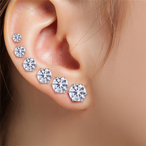 6 Pair 3-8MM Fshion Punk Cubic Ear Studs Stainless Steel Round Small White Black Stud Earrings Jewelry For Cool Women Men SM6