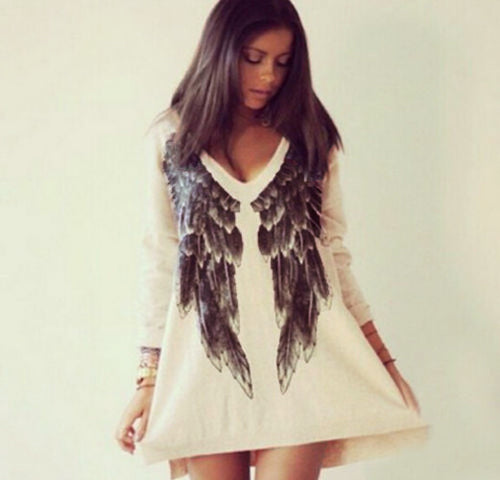 Angel Wings T Shirt Quality Long Sleeve Print Tee Naked Color Back V Neck Wing Pattern Shirt SM6