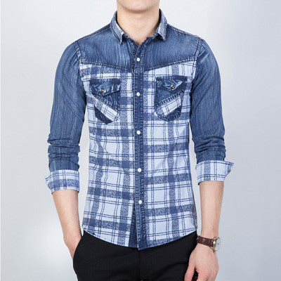 Men Shirts Shirts Long Sleeved Plaid Denim Shirts Casual Slim Fits SM6