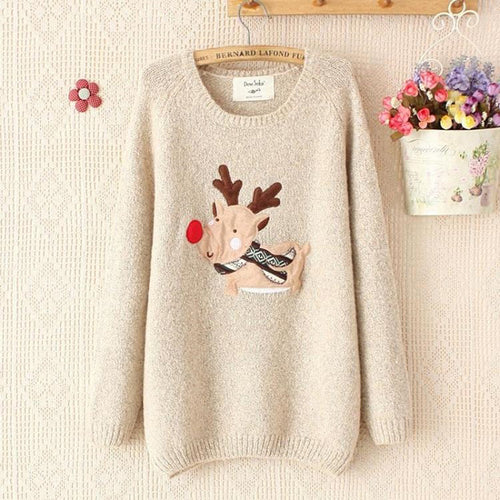 Autum Deer Print Long Sleeve Knitted Women's Sweater Casual Pullover SM6