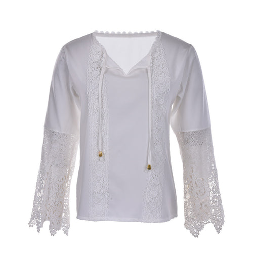 Autum Women chiffon Lace shirt Long sleeve Patchwork blusas tshirt Plus size women white tops SM6